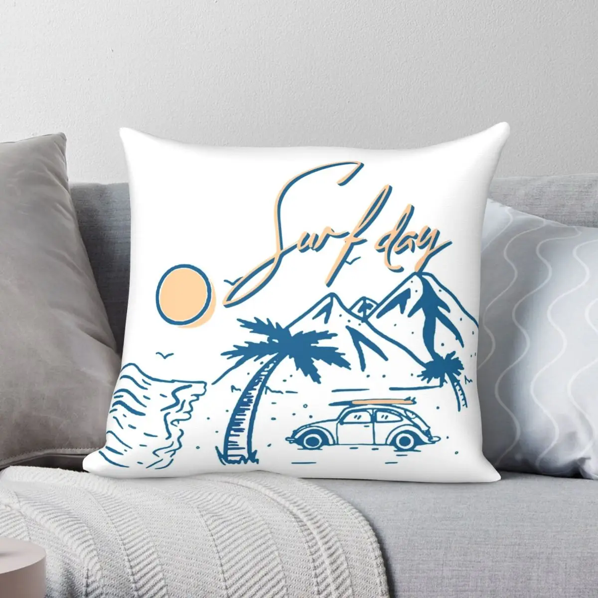 Vintage Beach Surf Day Car Surfboard Pillowcase Polyester Linen Velvet Printed Zip Decor Pillow Case Home Cushion Case