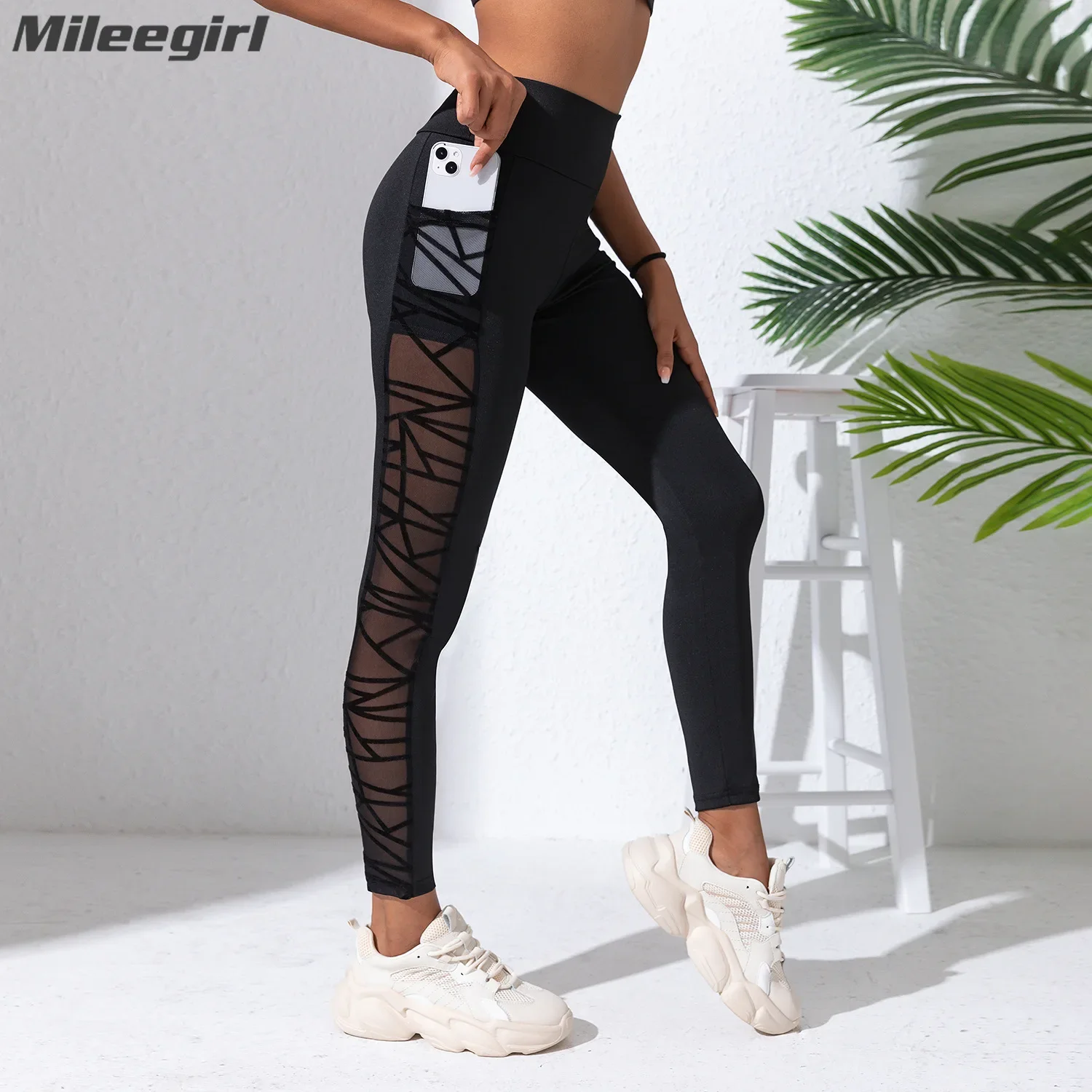 Mileegilrl Mesh Splicing Yoga Pants, Women Seamless Sports Leggings, Hip Lifting Gym Fitness Tights, Side Pockets Worktout Pants