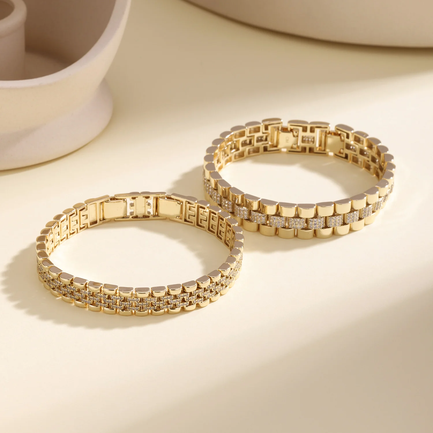 Nidin Light Luxury Double Layer CZ Crystal Watch Strap Bracelet Full Paved Rhinestone Link Chain Sparkly Wrist Jewelry For Women