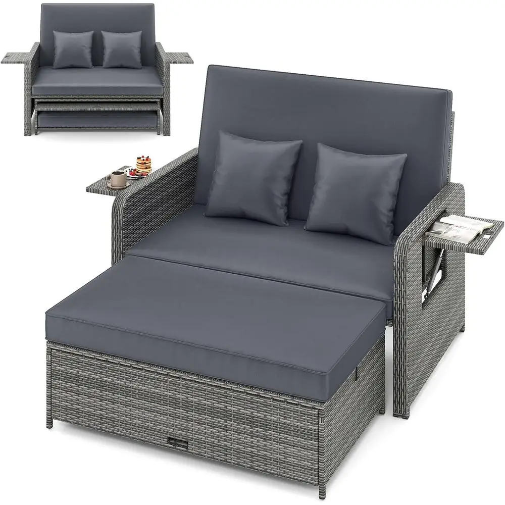 Outdoor Rattan Daybed Set with Loveseat, Storage Ottoman, and Adjustable Backrest for Patio, Deck, or Poolside in Mixed Grey