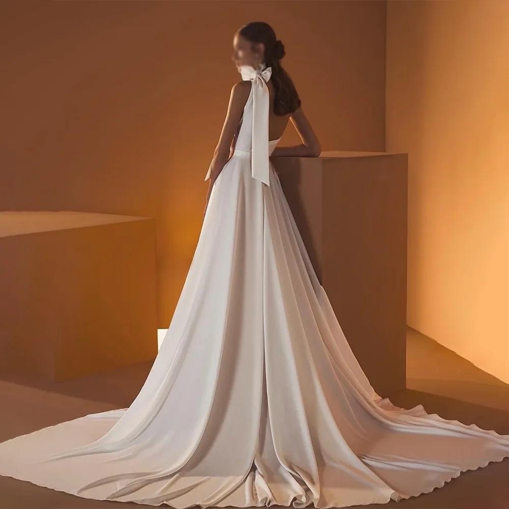 Classic Bow Sleeveless Evening Dresses Formal Party Prom Gowns Floor-Length A-Line Backless Evening Prom Dresses Customized