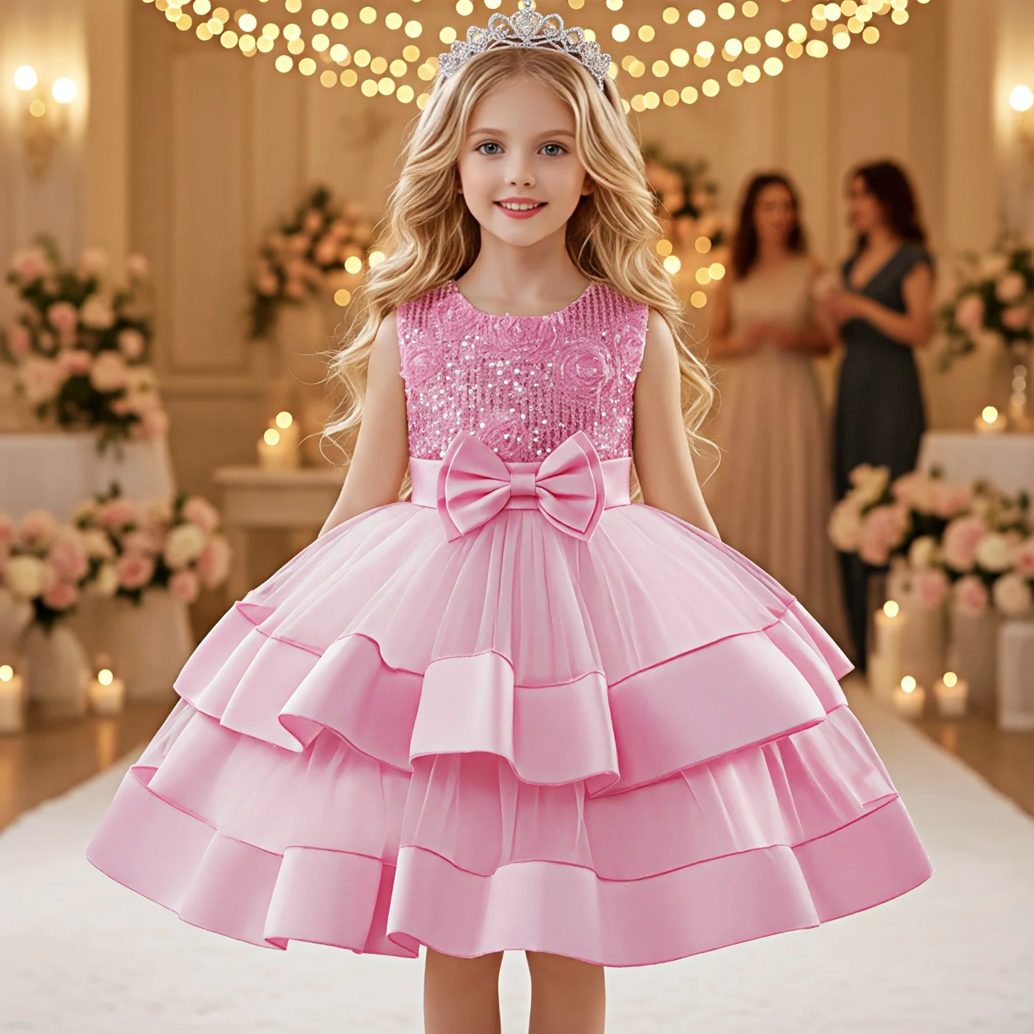 

Новое торжественное платье без рукавов, элегантное вечернее платье с бантом и блестками для крещения, свадебное вечернее платье для маленьких девочек, свадебное вечернее платье с цветочным узором для девочек