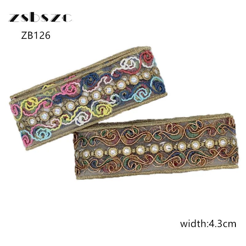 

zsbszc 4.3cm 10yards mesh bottom gold thread embroidery lace ribbon ethnic multicolour rope clothing collar accessories ZB126