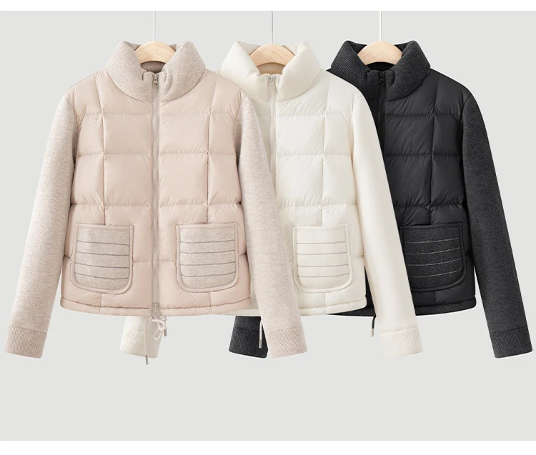 BD3621736 Women's Pure Wool Knit Hybrid Goose Down Jacket Chain Trim Pockets Stand Collar Two-Way Zip Old Money Early Autumn