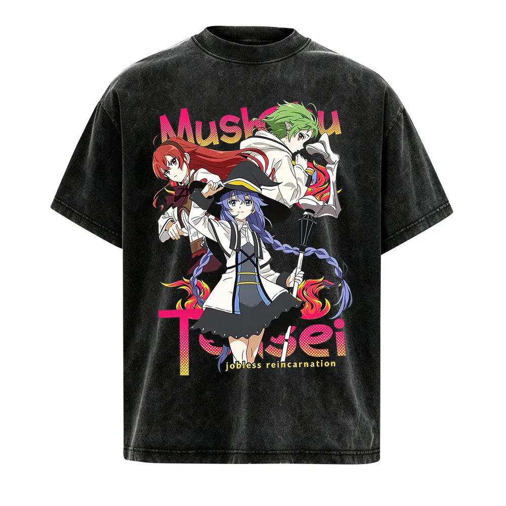 Mushoku Tensei Jobless Reincarnation Anime Vintage Washed T Shirt Manga Roxy Eris Rudeus Oversized Casual Short Sleeve T-shirt
