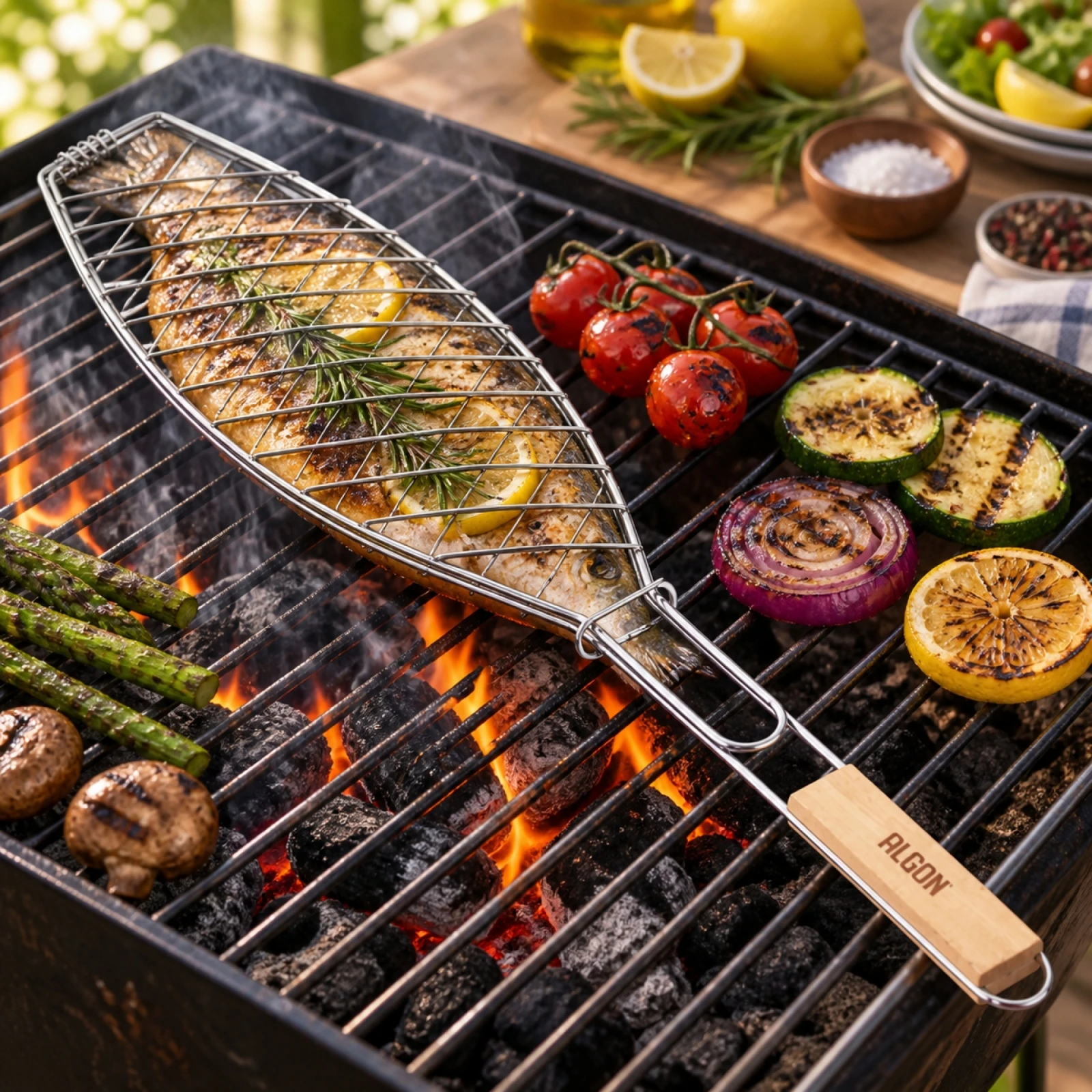 Parrilla para Pescado Entero Algon, Rejilla de Metal Cromado con Mango de Madera Aislante, Cesta de Barbacoa para Asar de Forma Sencilla, Accesorio para Barbacoas, 40x15x2cm