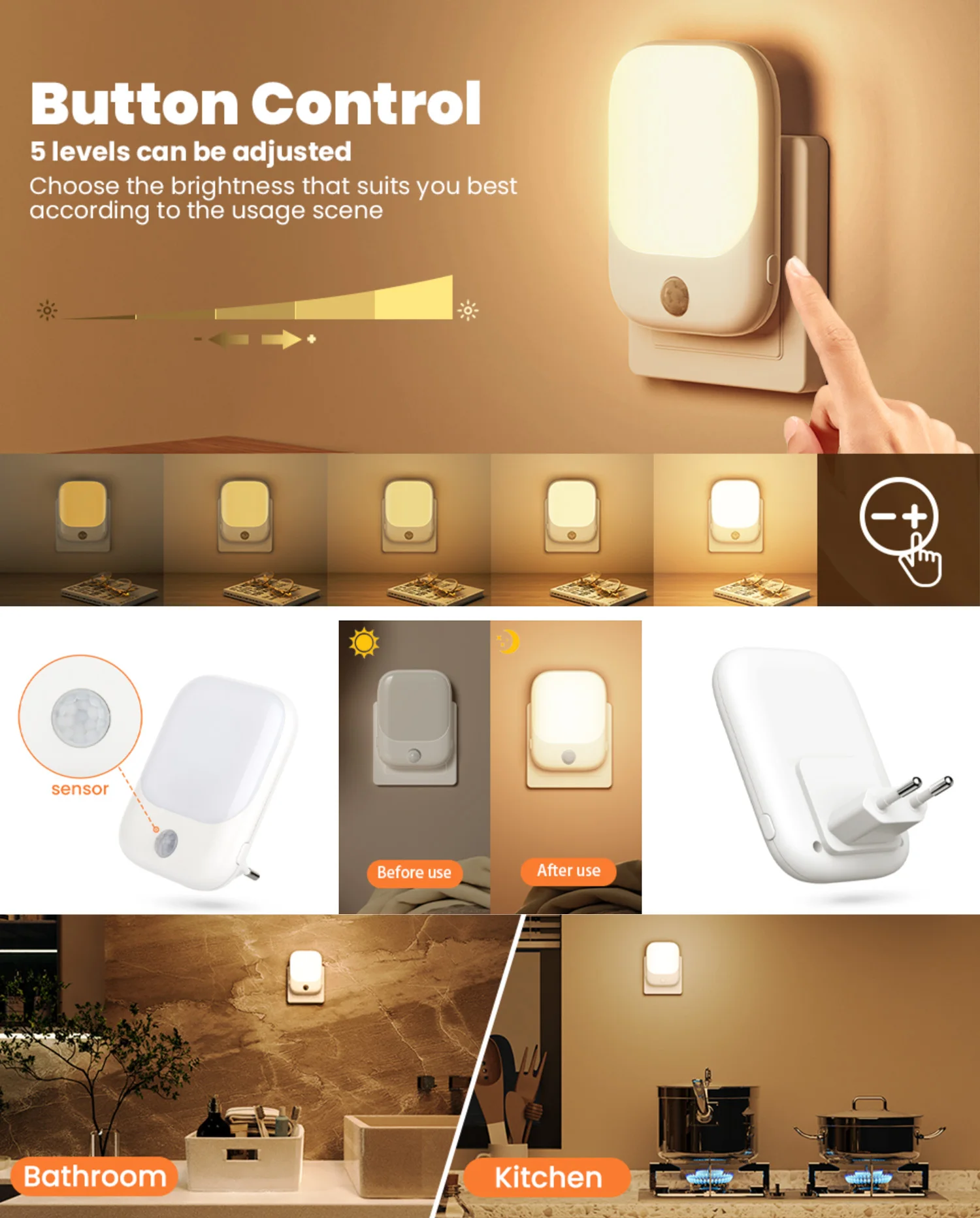2pcs Night Light Socket with Motion Sensor, Night Light 3-Level Brightness Adjustment (On/Auto/Off), 2700K Warm White Night