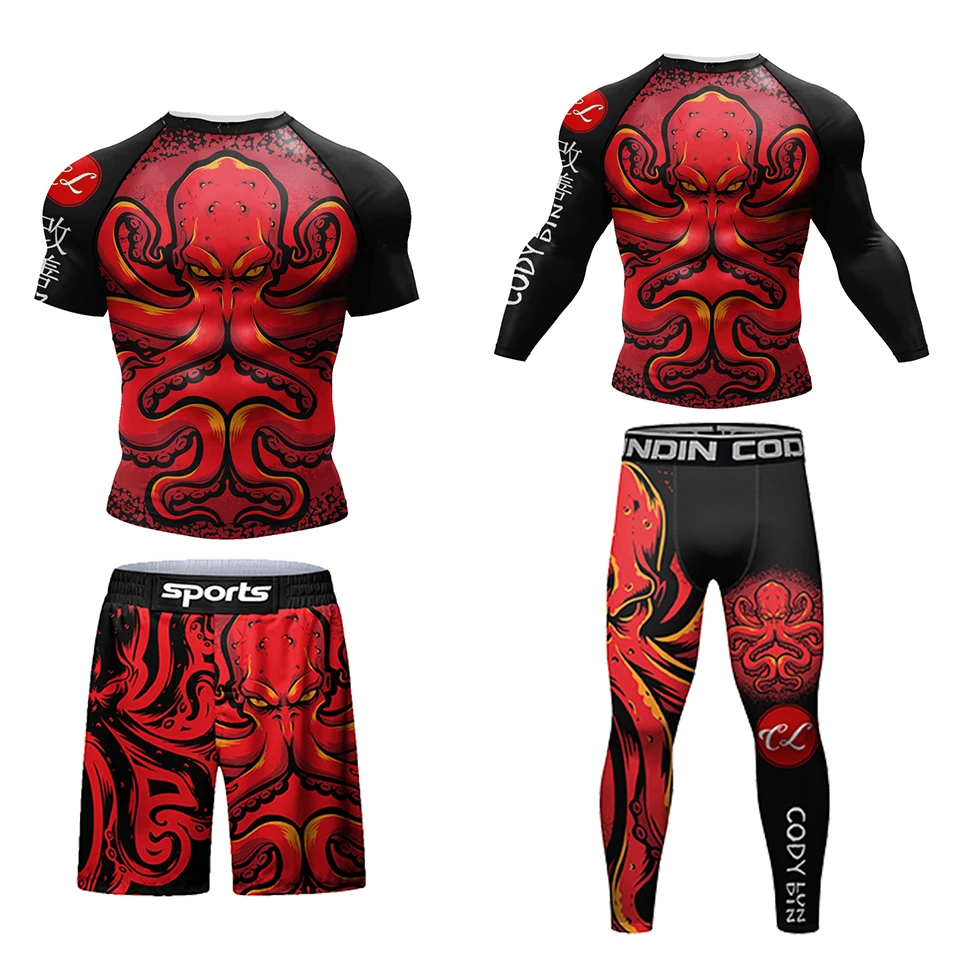 Najlepiej sprzedająca się szalona koszulka kompresyjna siłownia Sport MMA Rashguard Jiu Jitsu Fitness szybkoschnący dres mężczyźni dorosłe zestawy