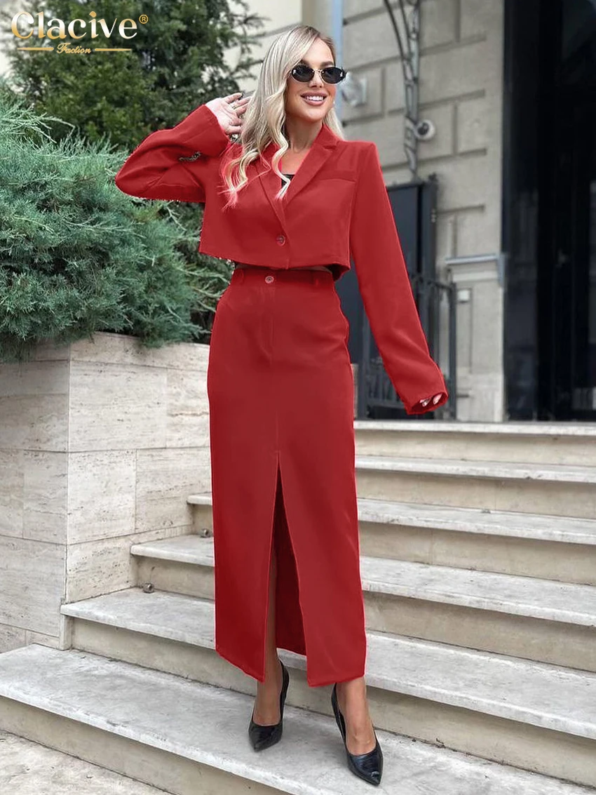 Clacive Fashion Loose Khaki Office 2 Piece Sets Women Outfit 2025 Elegant Long Sleeve Crop Top With High Waist Slit Skirt Set