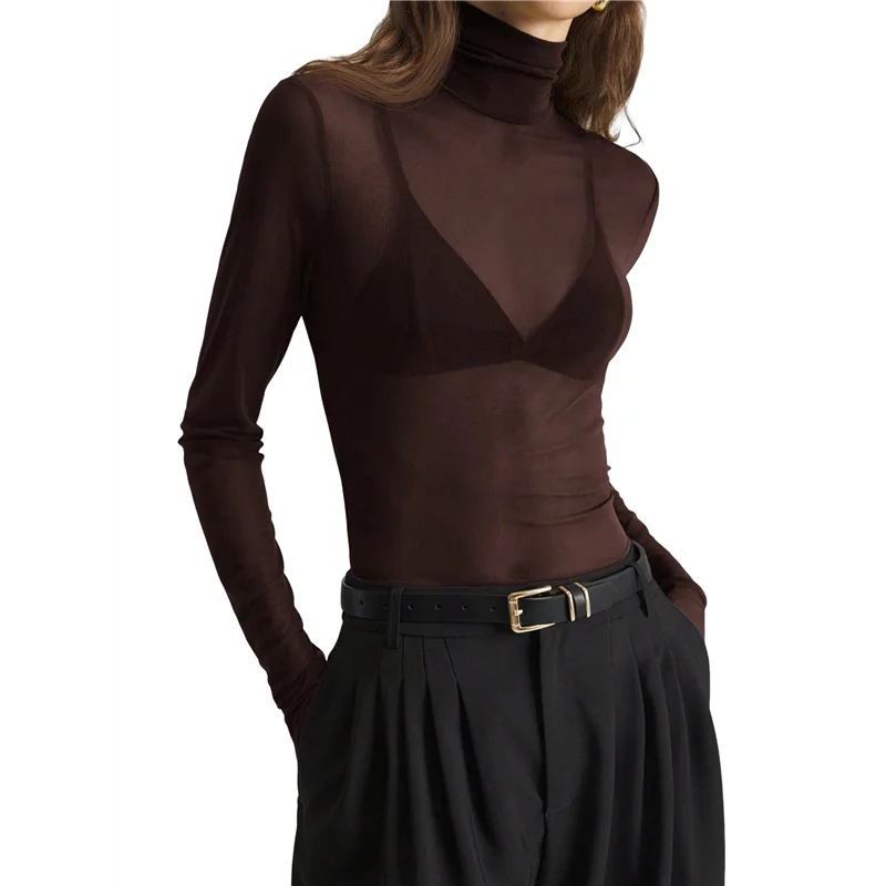 

CGS-Women's Stand-Up Collar Solid Color Mesh Slim Long-Sleeved Top, See-Through Shirt