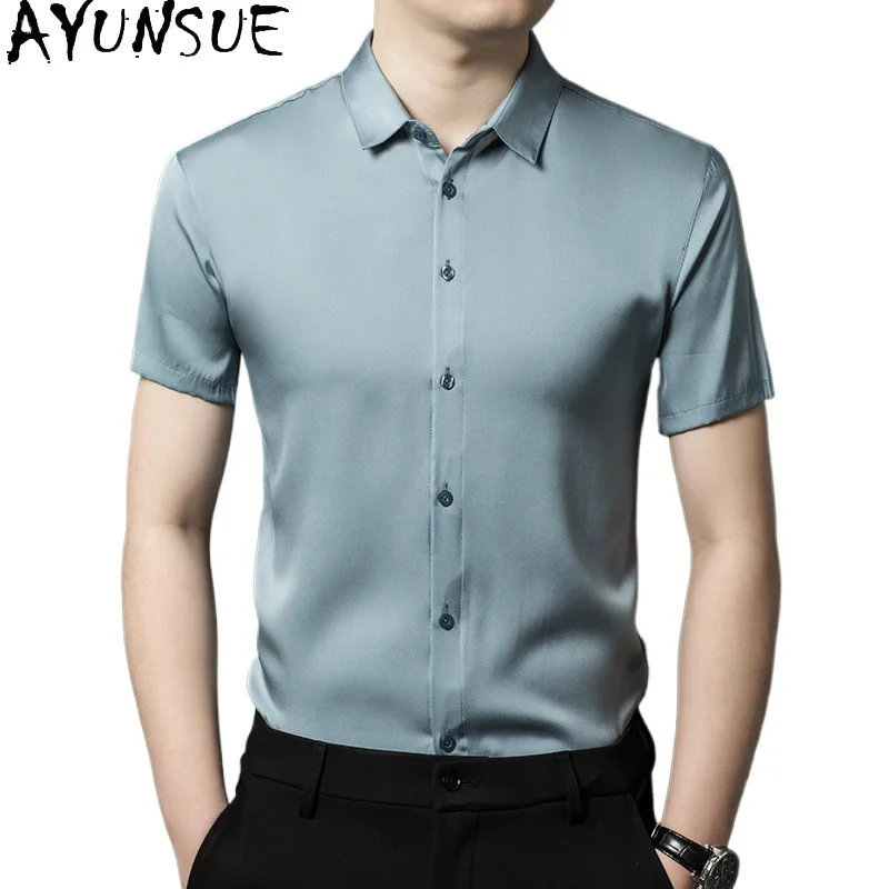 

AYUNSUE 100% Real Mulberry Silk Shirts for Man Clothing 2026 Summer Casual Tops Short Sleeve Shirt Solid Color Smooth Shirts Men