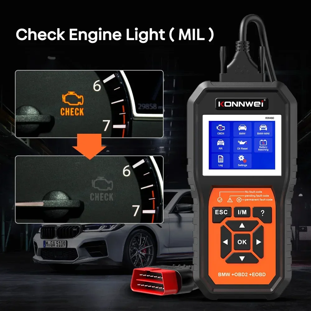 KONNWEI KW480 Obd2 Scanner for BMW Cars Obd 2 ABS Airbag SRS Oil REST Full Systems Diagnostic Tool Battery Match E38 E46