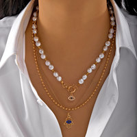 Boho Lucky Multilayer Evil Eye Pendant Necklace For Women Micro Zircon Turkish Eyes Palm Pearl Clavicle Choker Party Jewelry