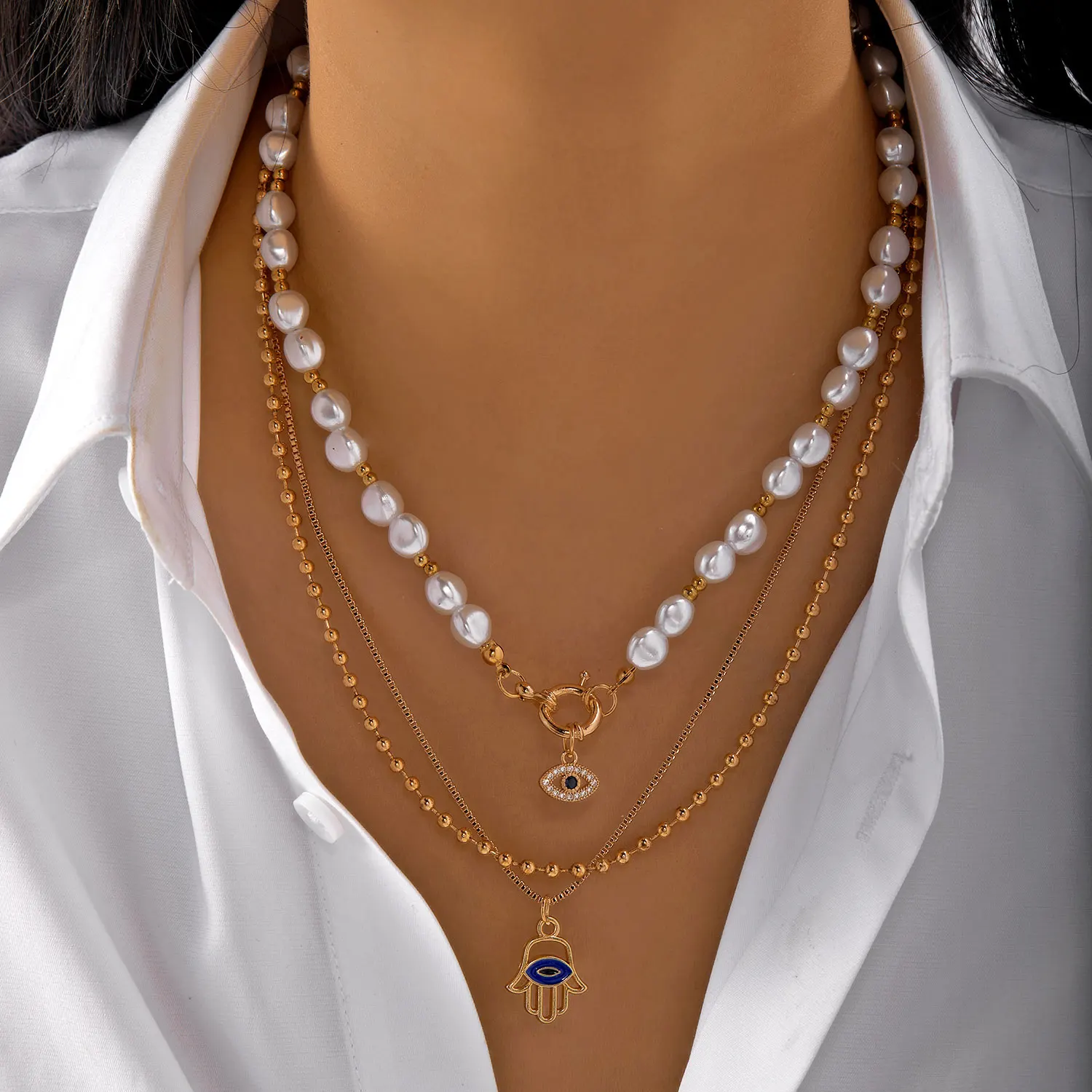 Boho Lucky Multilayer Evil Eye Pendant Necklace For Women Micro Zircon Turkish Eyes Palm Pearl Clavicle Choker Party Jewelry