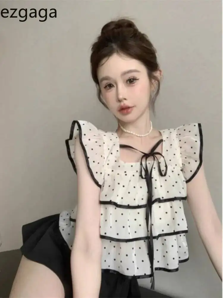 Ezgaga Sweet Shirts Women Polka Dot Lace Up Flying Sleeve Square Collar Crop Tops Slim Elegant Blouse Female Summer Casual