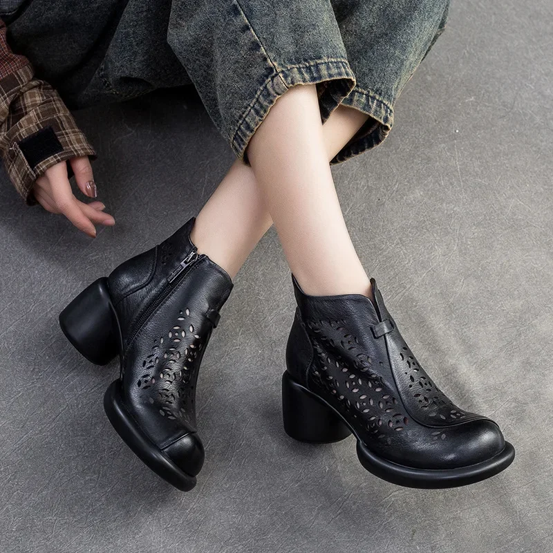 2025 Fashion Women Thick High Heel Ankle Boots Summer Hollow Breathable Shoes Ladies Genuine Leather zipper Cool Short Boots