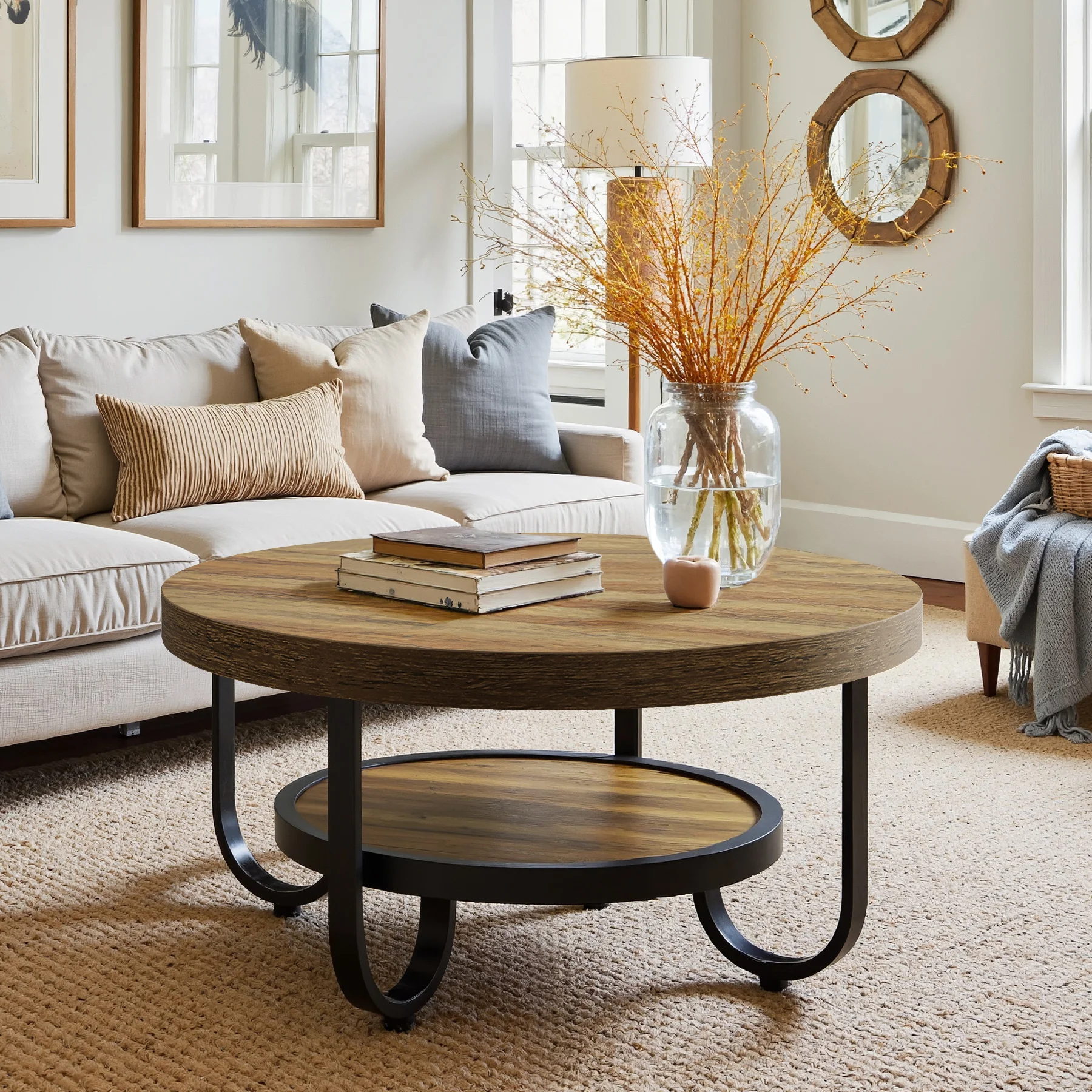 

2-Tier Modern Wood Circle Center Table with Storage Shelf, 31.5" Farmhouse Accent Cocktail Table, Round Coffee Table