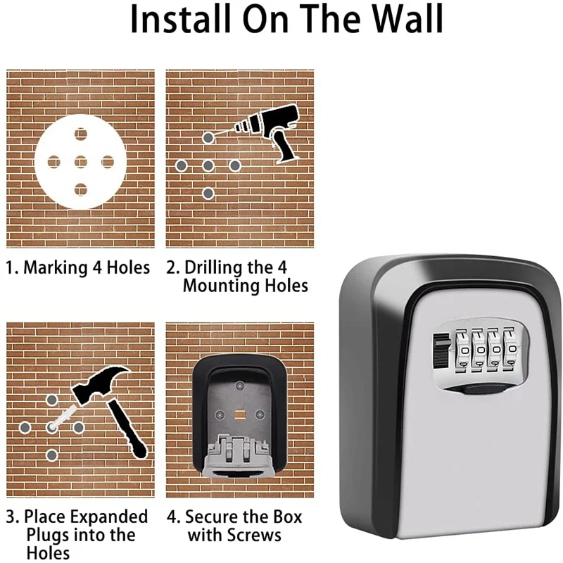 RISE-Key Lock Box 4-Digit Combination Waterproof Portable Wall-Mounted Key Storage Box For Home, Hotels Combination Lock Box
