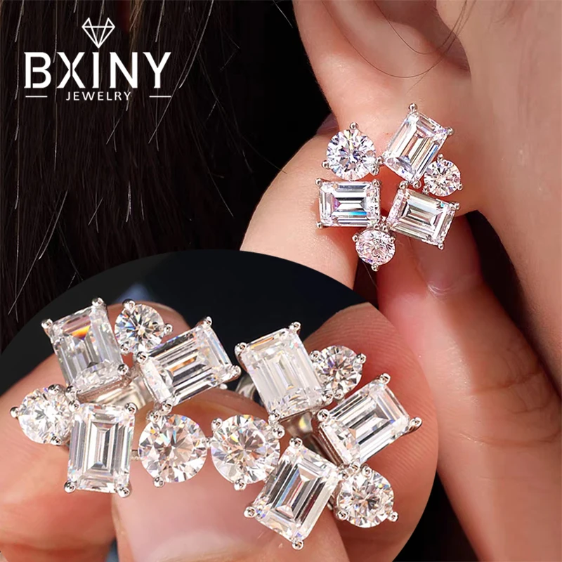 

BXINY Роскошные серьги-гвоздики с муассанитом S925, серебро, изумруд и круглая огранка, серьги-гвоздики с лабораторным бриллиантом для женщин, свадебный подарок, ювелирные украшения