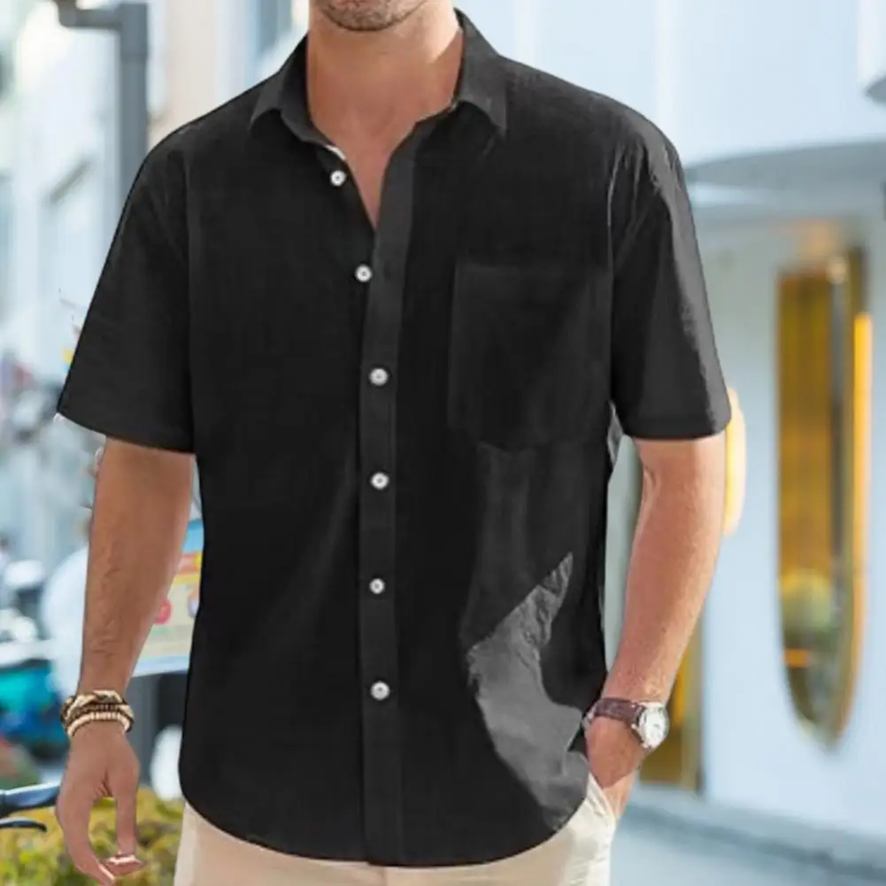 Men Button-down Shirt Stylish Men's Lapel Collar Summer Shirt for Business Casual Wear Solid Color Button-up with Short Sleeves