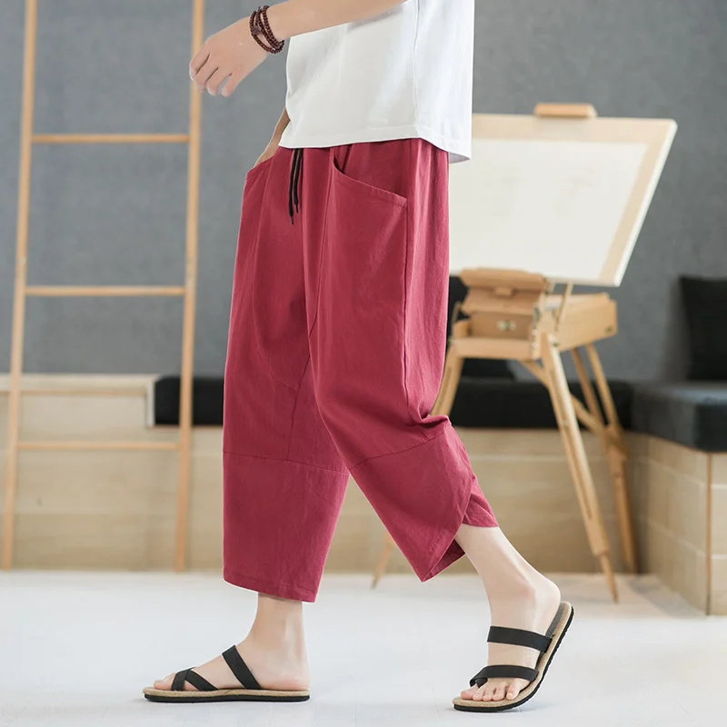 

Summer Loose Plus Size Cotton Linen Cropped Pants Male 2022 Chinese Style Thin Casual Straight Pants Oversized Men Clothing