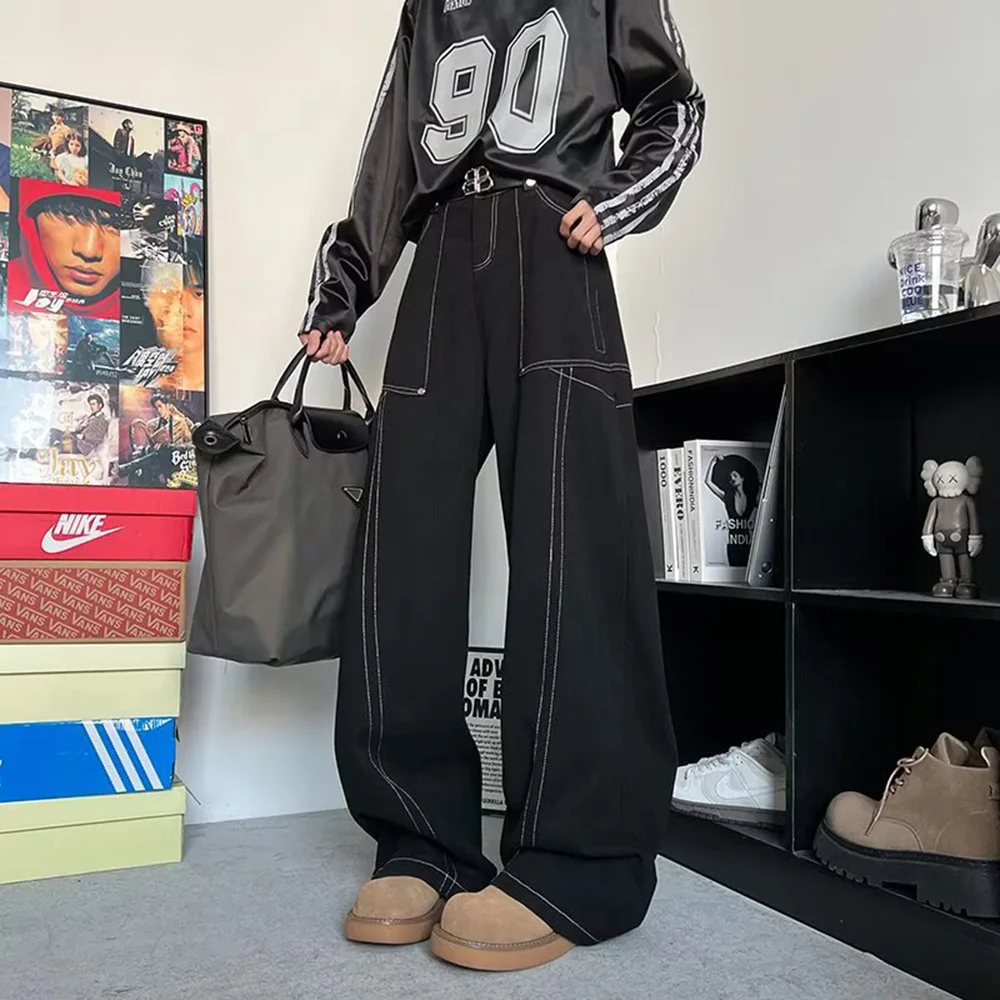 

Summer Men's Baggy Jeans Solid Color Seam Overalls Big Pockets Casual Fashion Trend Street Hip-Hop Simple Niche Men's Bottoms