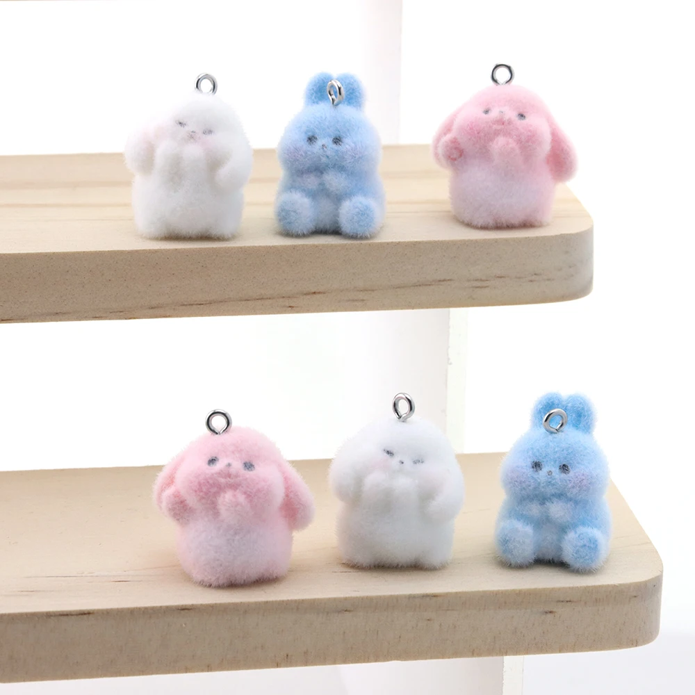 20Pcs Resin Long-eared Rabbit Charms Flocking Cartoon Plush Dolls Pendant for Keychain Earrings Making DIY Jewelry Accessories