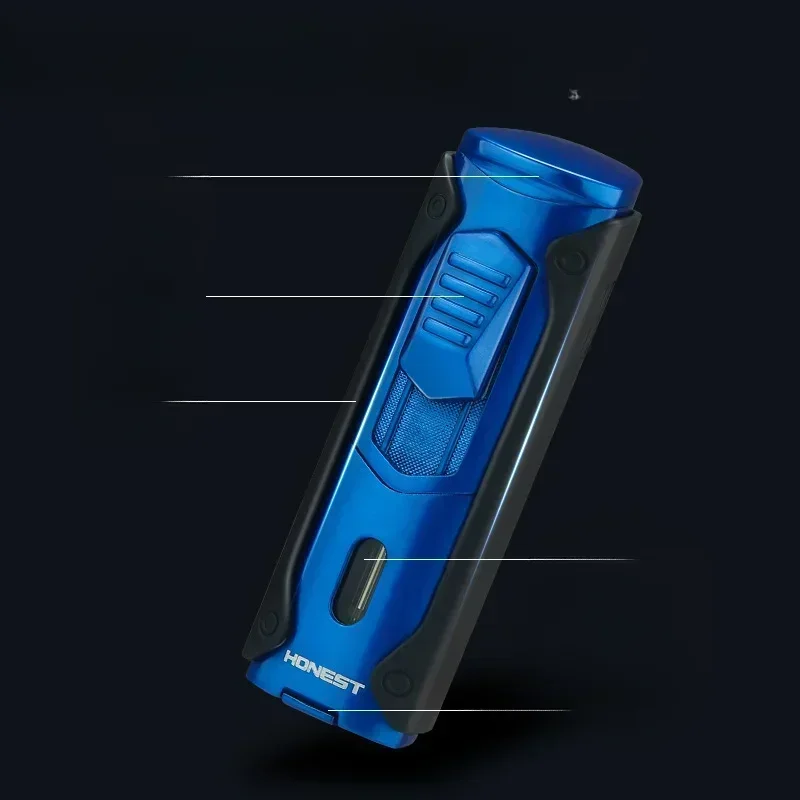 HONEST Multifunctional Outdoor Turbo 4 Torch Blue Flame Metal Windproof Butane Gas Cigar Lighter Cigar Cutter Gift for Men