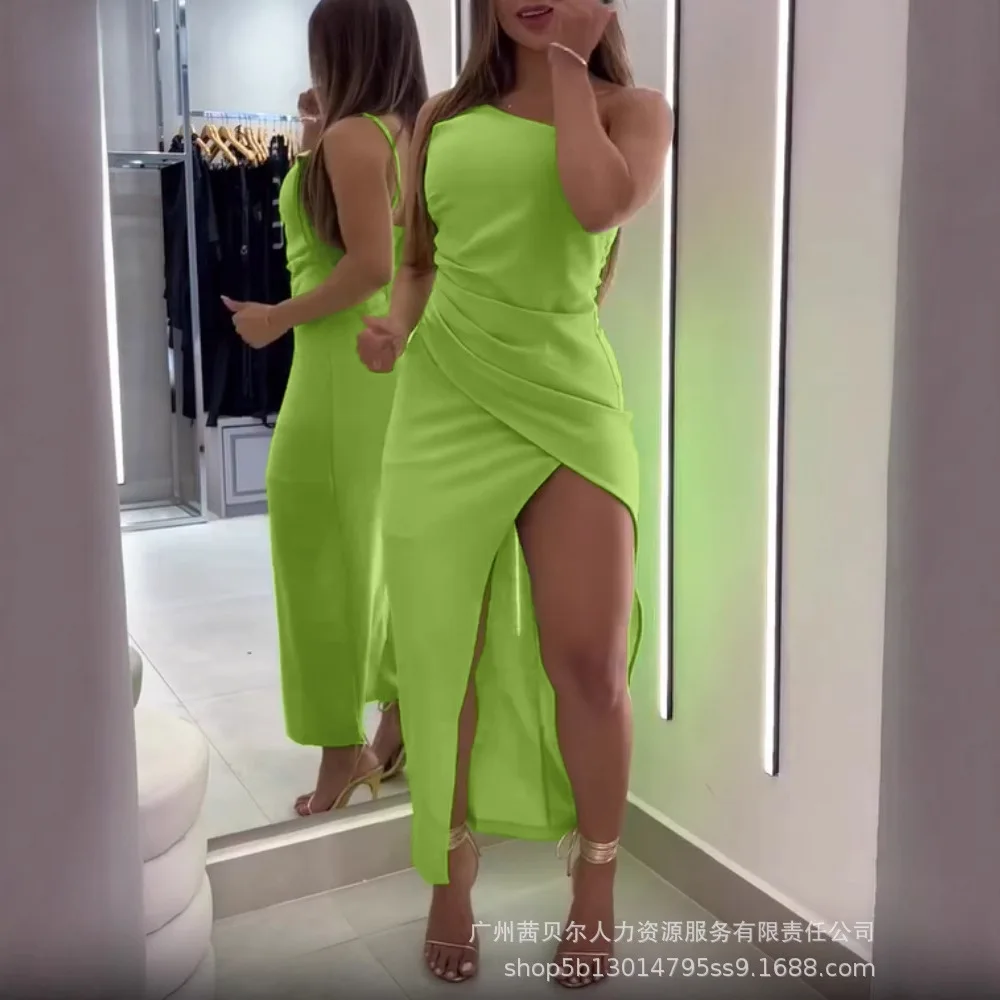 Vestido fruncido sin mangas con un hombro, vestido largo informal con abertura lateral y abertura larga, vestido ajustado de Color sólido para mujer