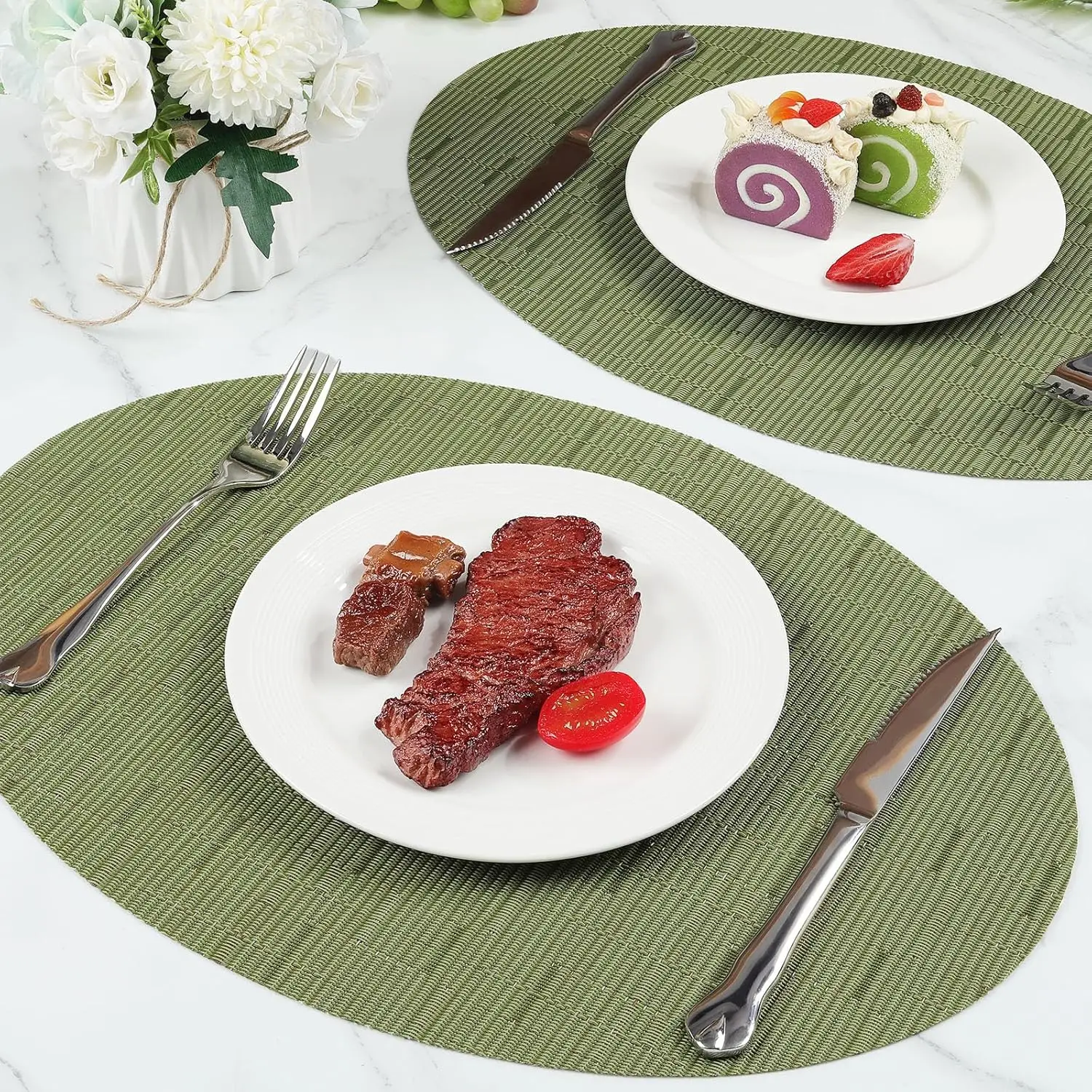 1/6/10PCS Bamboo Placemats Spring Green Woven Oval Placemats - Reusable, Stain-Resistant, Indoor/Outdoor Tabletop Protection