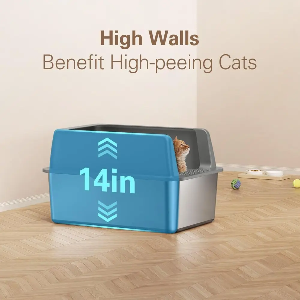 Extra große Katzentoilette aus Edelstahl mit 8 Zoll Tiefe und Deckel, hochseitige XL-Metallbox für große Katzen, schwarz – Antihaftbeschichtet, leicht zu reinigen, L