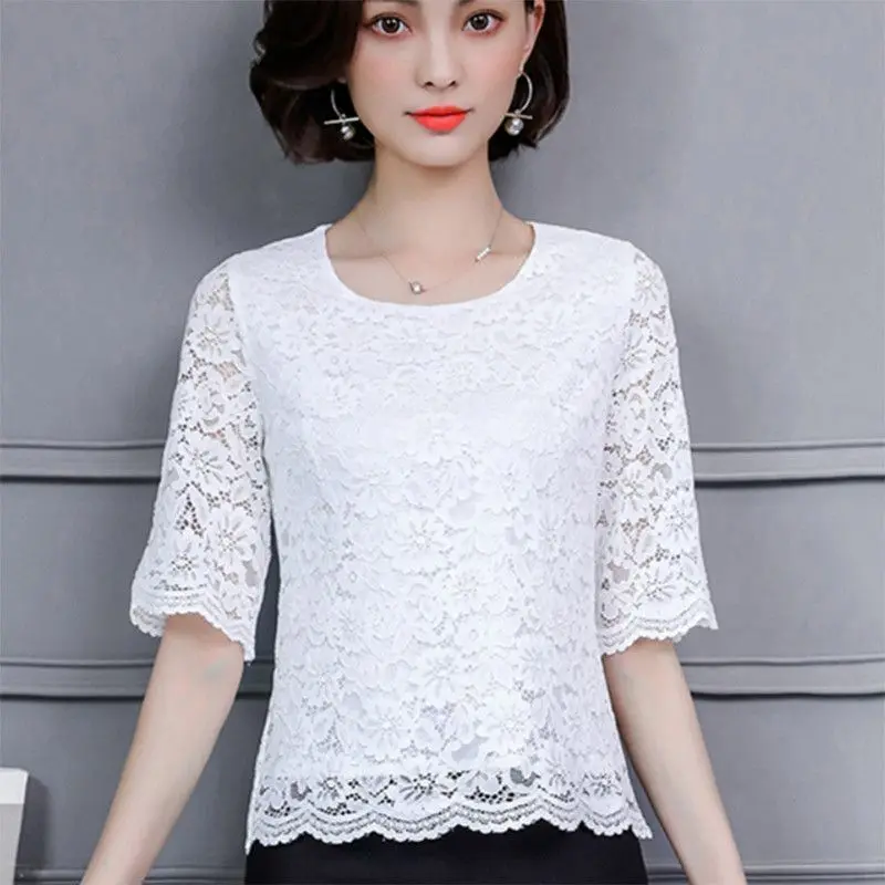 

2025 Summer New Women's Lace Blouse Top Solid Sexy V-Neck Hollow Out Half Sleeve Fashion Loose Chiffon Shirts