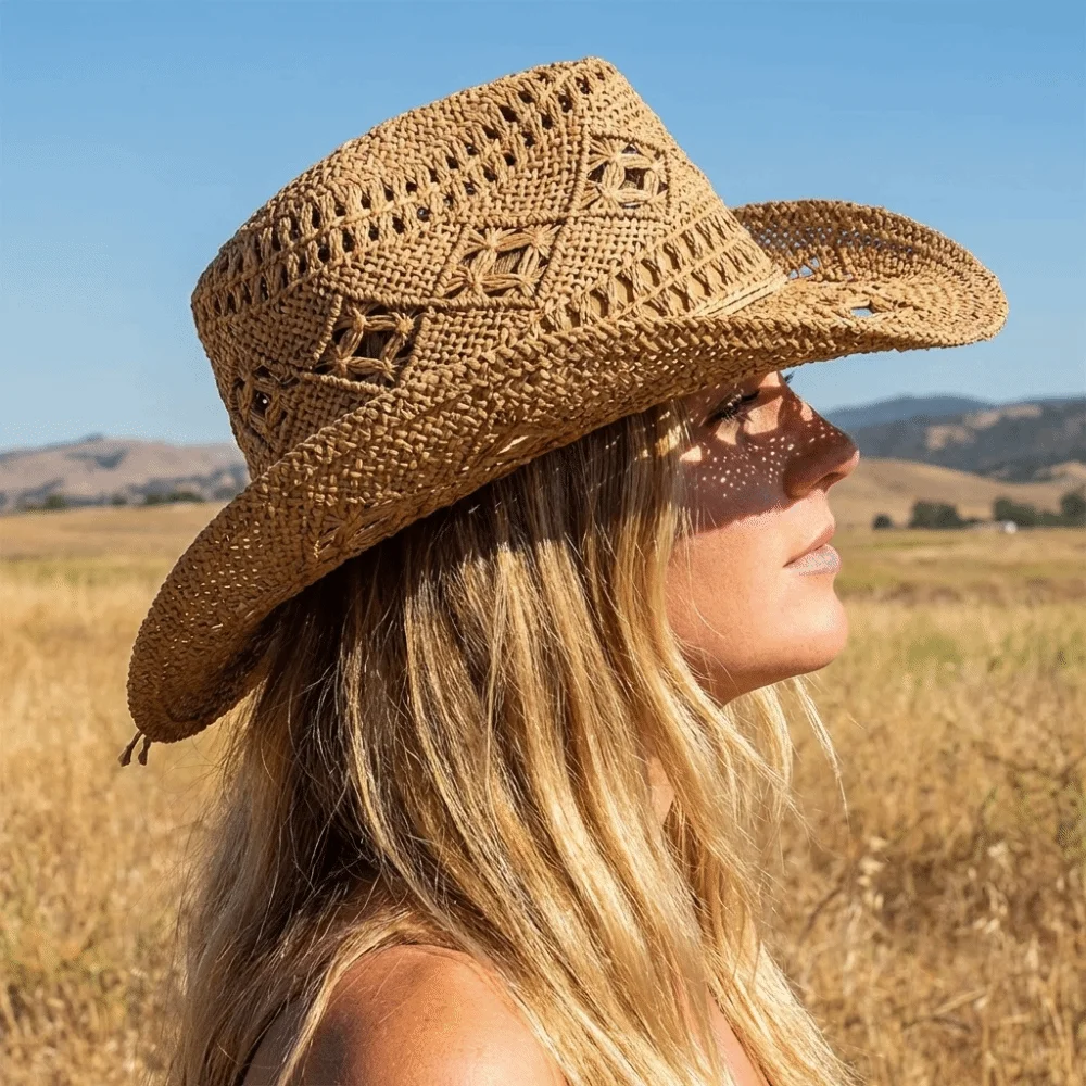 Unisex Hollow Out Bohemian Straw Hat Vintage Style Shell Decoration Beach Hat Foldable Wide Brim Sun Cowboy Hat Holiday