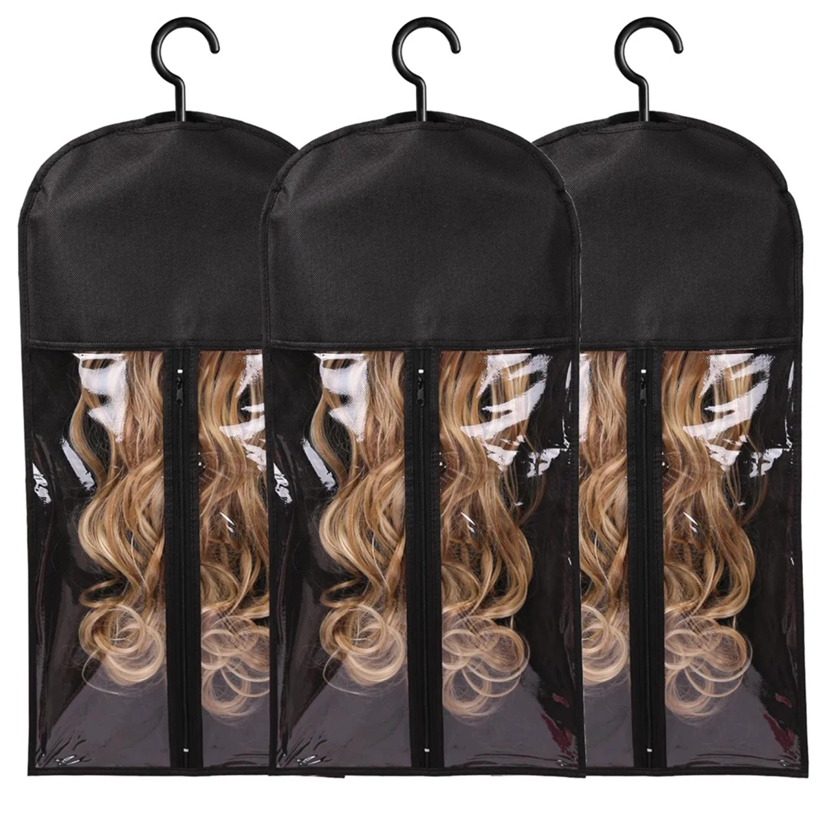 3PCS Hair Extension Holder Wig Storage for Multiple Wigs Holder Wig Bags with Hanger Hair Extension Storage Black