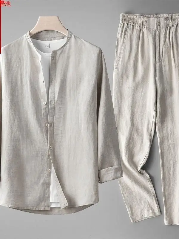

Мужской летний комплект из хлопка и льна: тонкие дышащие брюки и рубашка в традиционном китайском стиле, легкий и удобный