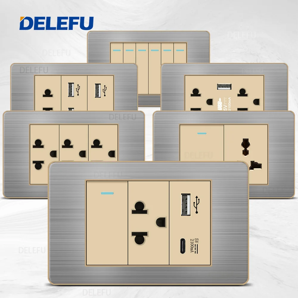 DELEFU Stainless Steel Gold Border Gray Panel Thai Switch Socket Computer USB Type C Wall Power Socket