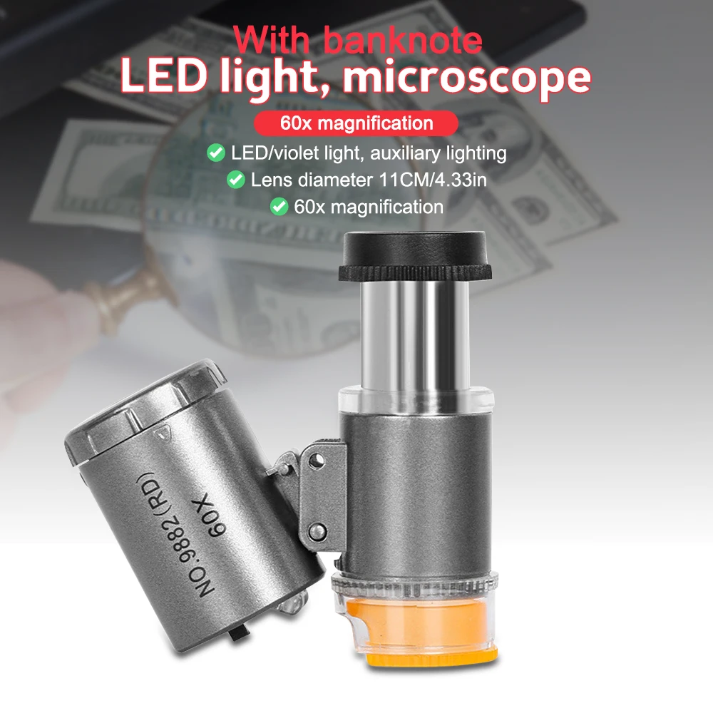 Mini Pocket Microscope Kit 60x Lab Handheld Microscope Battery Powered Microscope with LED Light Kids Science Microscop