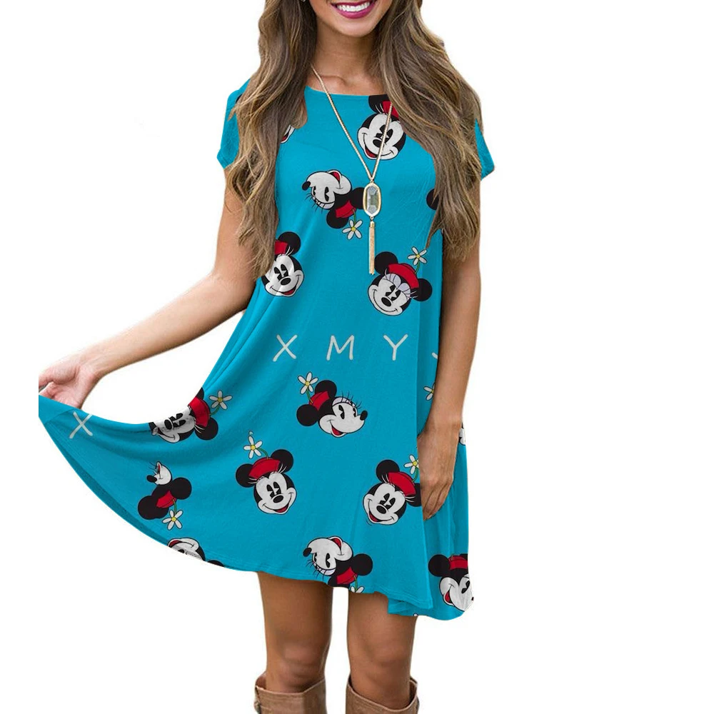 New Womens Dresses Casual Summer Midi Boho Maxi Dresses Vintage Disney Mickey Mouse print Dresses Bodycon Short Dresses ﻿