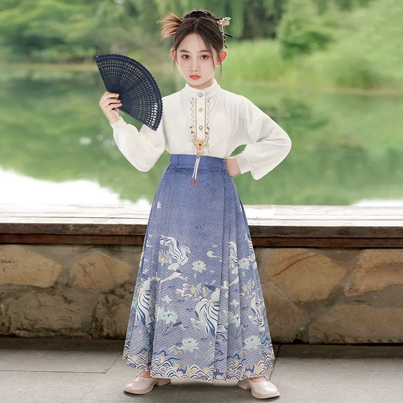 

2024 New Original Horse Face Skirt Girls Daily Hanfu Set Traditional Chinese Dance Costume Cosplay Kids Halloween Costume