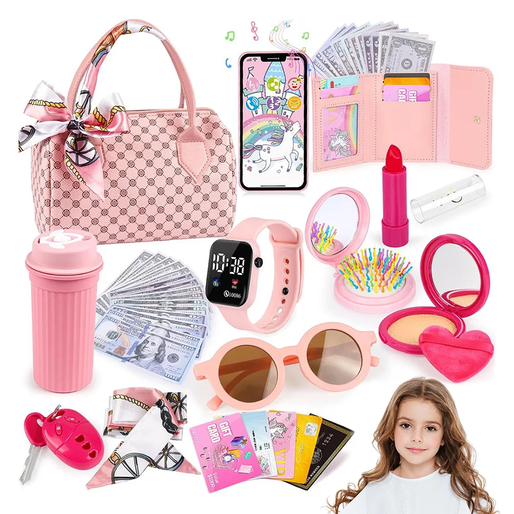 Little Girls Play Purse Kids Pretend Play Purse Cell Phone/Makeup/Keys Princess Makeup Purse for Christmas Birthday Gift