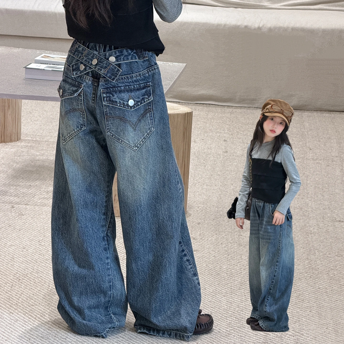 Girls' Autumn Jeans Fashion New Style Waist Back Buckle Jeans Kids Trendy Cool Spring Denim Pants For 5-14 Years