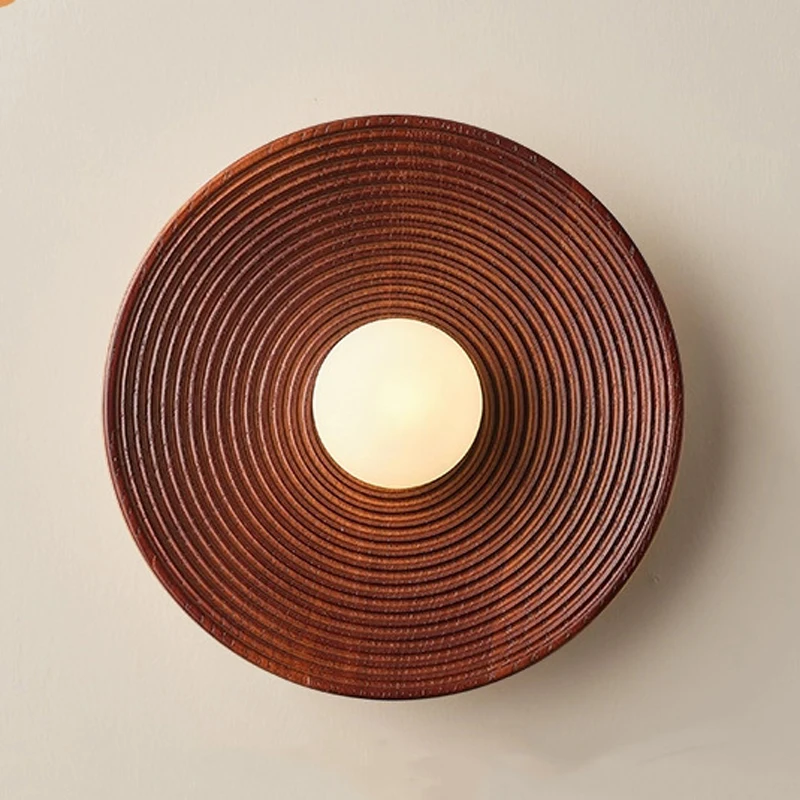 

Danish Designer Wabi Sabi Style Solid Wood Round Wall Lamp for Hotel Bedroom Retro Background Wall Decorative Lighting