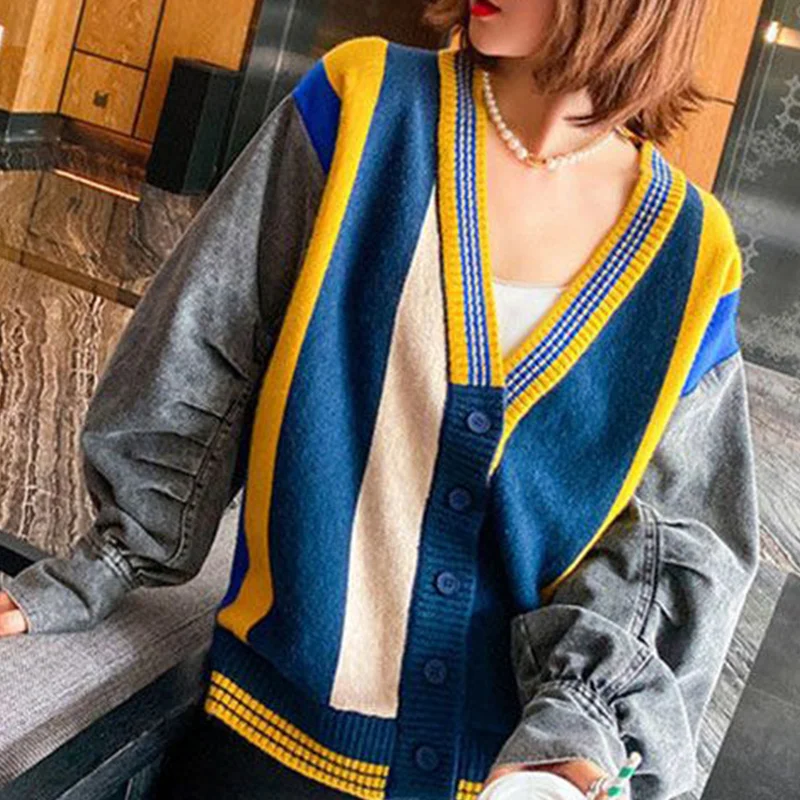 Autumn Winter Korean Style Loose Casual Denim Patchwork Sweater Lady Buttons Top Women Elegant All-match Knitting Cardigan Coat