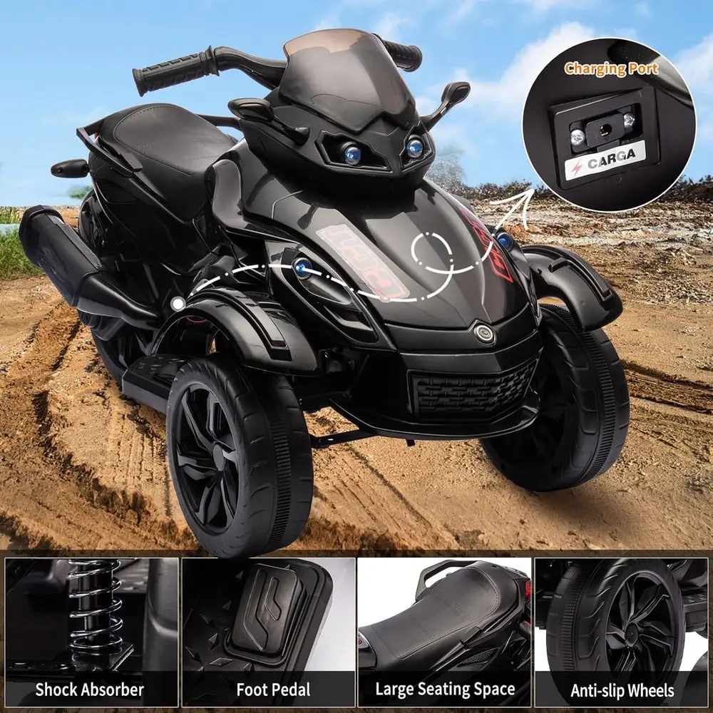 12V Kids Electric ATV, 3-Wheeler Motorcycle Ride on Toys for Toddlers w/Music, LED Lights, USB, One-Button Start, Black