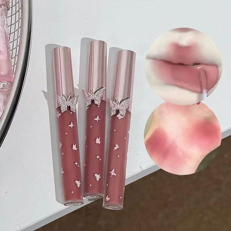 QIBEST Feder-Schmetterlings-Lippen-Make-up-Sets in weichen Farben, einschließlich 3 x mattierter flüssiger Lippenstift und 1 x Lippenöl-Kosmetik-Set mit Halskette