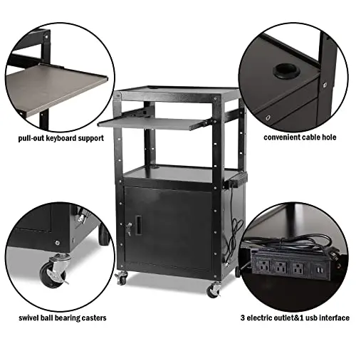 Adjustable Height Mobile Media Cart With Locking Storage Cabinet, Slide-Out Keyboard Shelf, 3 Power Outlets And 1 USB Port