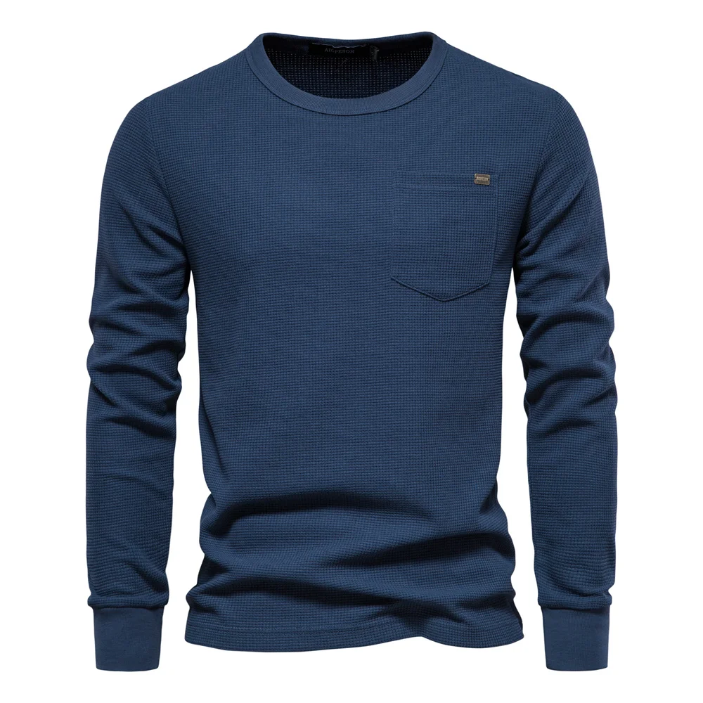 AIOPESON Waffel Baumwolle Einfarbig Männer T-shirts Einzelne Tasche Langarm T-shirts für Männer Neue Frühling Grundlegende Atmungsaktive Tops Männer