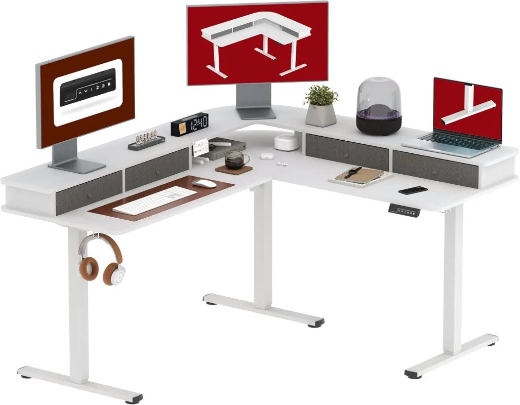 

63" L Shaped Standing Desk with 3 Drawers, Height Adjustable Stand up Desk, Corner Gaming Desk with Monitor Stand, Whit