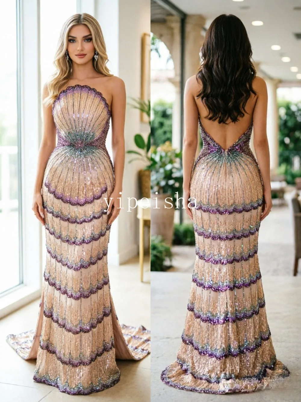 Customized Strapless Gradient Purple Beaded Mermaid Evening Dress Scalloped Layered Train Celebrity Red Carpet Formal Maxi Gown