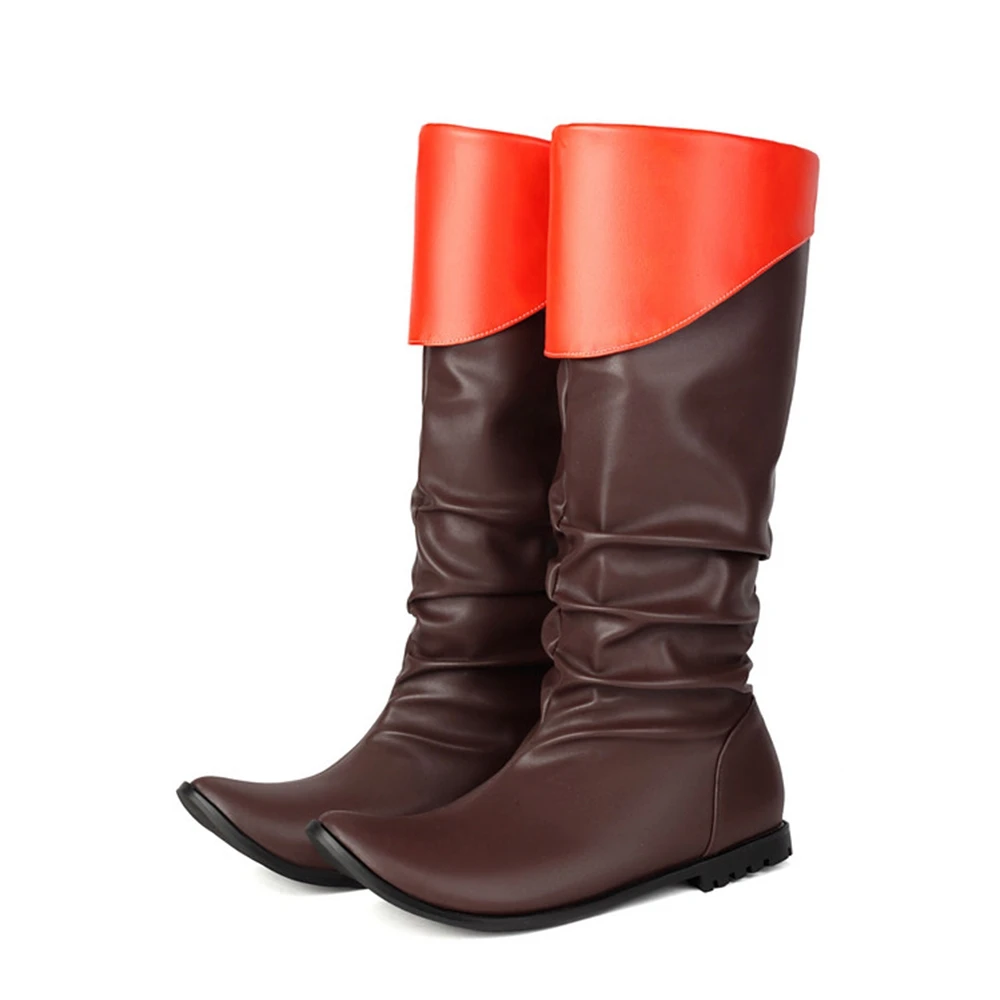 

BLXQPYT Knee High Boots Women Fashion Pleated Splice Pointed Toe Low Heel Party Dress Casual Long Boots Big Size 48 49 50 2503-2